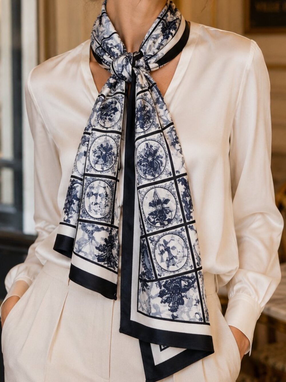 Robin Ruth Delft Tile Print Satin Scarf Black Cream European Travel Wrap